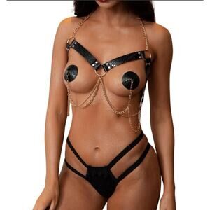 🦋B2G1🦋NEVA NUDE Black Gold Chain Harness Reusable Silicone Nipple Cover Pasties